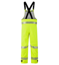 The Lac-Mac Multi-Haz Protective Overall 706ZABH offers high-visibility safety with reflective stripes, black straps, and side clasps. Designed for work environments with flammable liquid chemical hazards; ANSI 107 compliant for visibility.