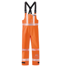 The Lac-Mac Multi-Haz Protective Overall 706ZABH is a high-visibility orange waterproof overall with reflective stripes, black adjustable suspenders, and a chest pocket, designed for flammable liquid chemical hazards.