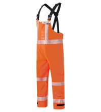 Lac-Mac Multi-Haz Protective Overall 706ZABH: Designed for flammable liquid chemical hazards, this high-visibility orange overall features reflective stripes, adjustable black straps, and reinforced knees for safety work environments.