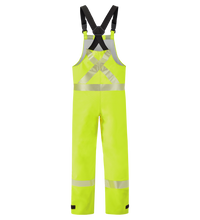 The Lac-Mac Multi-Haz Protective Overall 706ZABJ offers hi-vis yellow design with reflective stripes and black adjustable suspenders, certified to NFPA 1990 for flammable liquid chemical splash protection.