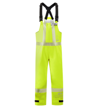 The Lac-Mac Multi-Haz Protective Overall (706ZABJ) offers high-visibility waterproof GORE-TEX PYRAD fabric, reflective strips, black suspenders, adjustable ankle cuffs, and protects against flammable liquid chemical hazards.