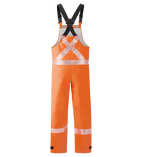 Lac-Mac Multi-Haz Protective Overall 706ZABJ for flammable liquid chemical hazards features high-visibility orange GORE-TEX PYRAD, black shoulder straps, reflective white strips, and arc-flash rated PPE on a plain white background.