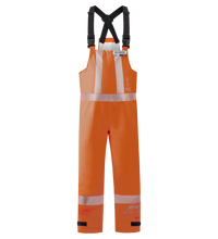 The Lac-Mac Multi-Haz Protective Overall 706ZABJ, designed for flammable liquid chemical hazards, features orange material, white reflective stripes, black adjustable straps, and front buckles; shown against a white background.