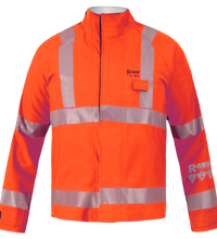 The Lac-Mac High-Visibility Chemical Splash Protective Jacket 707A-BH features US reflective markings, front closure, chest pocket, and black adjustable cuffs for safety and comfort against non-flammable liquid chemical hazards.