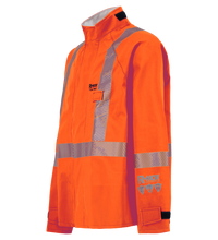 The Lac-Mac High-Visibility Chemical Splash Protective Jacket 707A-BJ features Canadian reflective markings, a front zipper, velcro cuffs, stand-up collar, and is designed for non-flammable liquid chemical hazards. R-MOR logo on chest and sleeve.