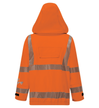 Back view of the Lac-Mac 707FWAS women's high-visibility FR/ARC-rated jacket with US markings, reflective stripes, hood, and adjustable cuffs. This PPE Category 3 jacket offers top safety and comfort.