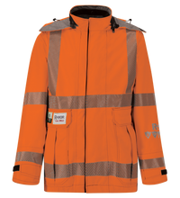 The Lac-Mac 707FWAS Women's High-Visibility FR/ARC Rated Jacket features bright orange fabric, reflective silver stripes, multiple pockets, and black adjustable wrist and hood closures; PPE Category 3 with US markings.