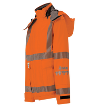The Lac-Mac 707FWAS women's high-visibility FR/ARC jacket in orange features reflective stripes, large front pockets, a hood, "R-MOR" logo on the sleeve, and is arc-flash rated PPE Category 3.