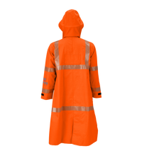 The Lac-Mac Duster Coat, High-Visibility FR/ARC Rated (707FDAC) with US markings features a hood and reflective stripes, shown from the back on a plain white background.