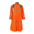 The Lac-Mac Duster Coat, High-Visibility FR/ARC Rated (707FDAC), features US markings, reflective silver stripes, high collar, and large front pockets in durable Gore-Tex Pyrad fabric, shown on a plain background.