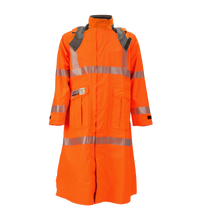 The Lac-Mac Duster Coat, High-Visibility FR/ARC Rated (707FDAC), features US markings, reflective silver stripes, high collar, and large front pockets in durable Gore-Tex Pyrad fabric, shown on a plain background.