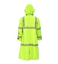 The Lac-Mac Limited 707FDAC Duster Coat is high-visibility yellow with reflective silver stripes, hood, and long sleeves; made from flame-resistant GORE-TEX PYRAD for protection. FR/ARC rated with US markings.