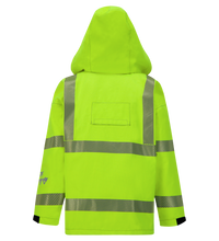 The Lac-Mac Women's 707FEW High-Visibility FR/ARC Rated Jacket features bright yellow-green fabric, reflective stripes, a hood, and a rectangular US-marked patch on the back—ideal for women's protective wear in tough environments.