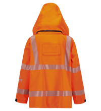 The Lac-Mac Limited Women's Jacket, High-Visibility FR/ARC Rated with US markings (707FEW), features orange GORE-TEX fabric and reflective silver stripes, shown from the back on a white background for enhanced visibility.