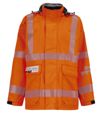 The Lac-Mac Women's 707FEW Jacket is a high-visibility, FR/ARC-rated jacket with US markings. Features include orange color, reflective stripes, front pockets, hood, clear ID holder; meets ANSI/ISEA 107 Class 3 for safety.