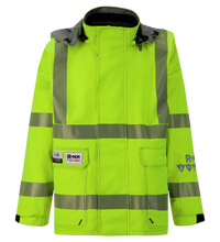 The Lac-Mac SAFE-T™ 707FEBF is a lightweight, high-visibility neon yellow jacket with reflective stripes, front zipper, hood, and multiple pockets; made with FR/ARC-rated GORE-TEX PYRAD fabric for superior weather protection and durability.