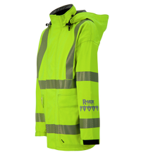 The Lac-Mac SAFE-T™ 707FEBF lighter weight high-visibility FR/ARC jacket features reflective gray stripes, front pockets, a hood, US markings, and "R-MOR" logo on the sleeve.
