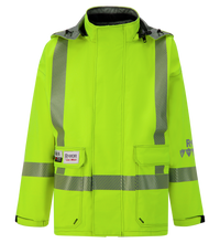 The Lac-Mac Jacket, Lighter Weight, High-Visibility, FR/ARC Rated, SAFE-T™ Style, 707FECC, features Canadian markings, reflective stripes, front pockets, and meets CSA Z96 standards.