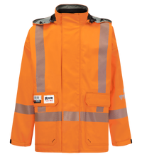 Lac-Mac Limited SAFE-T™ Style 707FECC Jacket: lightweight, high-visibility, FR/ARC rated with Cdn markings; CSA Z96 compliant with reflective stripes, front pockets, and a detachable hood.