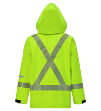The Lac-Mac SAFE-T™ 707FEDG lighter weight, high-visibility FR/ARC rated jacket features CDN markings, neon yellow GORE-TEX PYRAD fabric, FR reflective X-striped tape on the back, and a hood—shown from the rear.