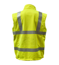 The Lac-Mac, Limited High-Vis Yellow Vest (707JV), made with PYRAD® WINDSTOPPER®, features reflective silver stripes and meets ANSI/ISEA 107 standards for maximum protection and visibility; shown from the back on a white background.