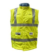 The Lac-Mac, Limited High-Vis Yellow Vest 707JV, crafted with PYRAD® WINDSTOPPER®, features reflective gray stripes and multiple pockets. ANSI/ISEA 107 compliant, it ensures reliable protection in any work environment.