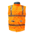 The Lac-Mac High-Vis Orange Vest (707JV) made with PYRAD® WINDSTOPPER® features reflective stripes, front pockets, a stand-up collar, and sleeveless design. ANSI/ISEA 107 compliant, it's shown on a white background.