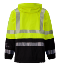The Lac-Mac Colour Block High-Vis Yellow/Black Jacket (707JX-AA), made with PYRAD® WINDSTOPPER® by GORE-TEX Labs, features reflective silver stripes and is shown from the back against a plain background.