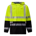 The Lac-Mac Colour Block High-Vis Yellow/Black Jacket, made with PYRAD® WINDSTOPPER® by GORE-TEX Labs (707JX-AA), features reflective silver stripes, a hood, and front zipper, shown on a plain background.