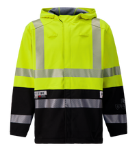 The Lac-Mac Colour Block High-Vis Yellow/Black Jacket, made with PYRAD® WINDSTOPPER® by GORE-TEX Labs (707JX-AA), features reflective silver stripes, a hood, and front zipper, shown on a plain background.