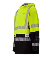 The Lac-Mac, Limited Colour Block High-Vis Yellow/Black Jacket (707JX-AA), made with PYRAD® WINDSTOPPER® by GORE-TEX Labs, features reflective stripes, a hood, and branded patches on the front and sleeves, shown on a plain background.