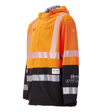 The Lac-Mac Colour Block High-Vis Orange/Black Jacket (707JX-AA) features PYRAD® WINDSTOPPER® by GORE-TEX Labs, reflective stripes, flame-resistant fabric, hood, and multiple logos on chest, sleeve, and hem against a white background.