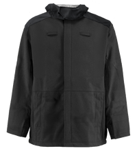 The Lac-Mac Solid Black Jacket (707JX-AB), made with PYRAD® WINDSTOPPER® by GORE-TEX Labs, is a PPE Category 4, NFPA 70E compliant, long-sleeved hooded jacket with flap pockets and a high collar, shown against a white background.