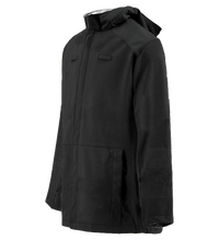 The Lac-Mac Solid Black Jacket, model 707JX-AB, made with PYRAD® WINDSTOPPER® by GORE-TEX Labs, features a hood, front zipper, two side pockets, and straight cut; NFPA 70E PPE Category 4 compliant. Displayed on white background.