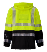 The Lac-Mac Colour Block High-Vis Yellow Jacket (707JX-AC), made with PYRAD® WINDSTOPPER® by GORE-TEX Labs, features reflective stripes, hood, and elastic cuffs for flame-resistant, protective wear.