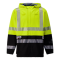 The Lac-Mac Colour Block High-Vis Yellow Jacket (707JX-AC), made with PYRAD® WINDSTOPPER® by GORE-TEX Labs, features black accents and reflective stripes for protective wear in work and safety environments.