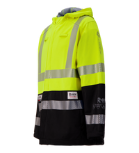 The Lac-Mac Colour Block High-Vis Yellow Jacket (707JX-AC), made with PYRAD® WINDSTOPPER® by GORE-TEX Labs, features reflective stripes, a hood, and multiple safety certifications for superior flame-resistant protection.