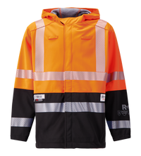 The Lac-Mac Colour Block High-Vis Orange/Black Jacket (07JX-AC), made with PYRAD® WINDSTOPPER® by GORE-TEX Labs, features reflective silver stripes, front zipper, hood, and long sleeves for safety in work environments.