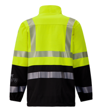 The Lac-Mac Colour Block High-Vis Yellow/Black Jacket (707JX-AD) features reflective silver stripes, black lower panels, and durable, flame-resistant PYRAD® WINDSTOPPER® by GORE-TEX Labs fabric for enhanced protection. Shown from the back.