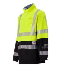 The Lac-Mac Colour Block High-Vis Yellow/Black Jacket (707JX-AD) features PYRAD® WINDSTOPPER® by GORE-TEX Labs, reflective stripes, stand-up collar, and multiple patches, shown on a plain background.