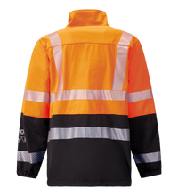The Lac-Mac, Limited Colour Block High-Vis Orange/Black Women's Jacket (707JXWAD) with PYRAD® WINDSTOPPER® by GORE-TEX Labs features reflective stripes and flame resistance, shown from the back against a plain background.
