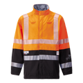 The Lac-Mac Colour Block High-Vis Orange/Black Jacket 707JX-AD, made with PYRAD® WINDSTOPPER by GORE-TEX Labs, features reflective stripes, a stand-up collar, flame resistance, and is shown on a plain background.