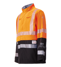 The Lac-Mac Colour Block High-Vis Orange/Black Jacket (707JX-AD), made with PYRAD® WINDSTOPPER by GORE-TEX Labs, features reflective stripes, logos, and front pockets, shown against a plain white background.