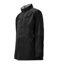 The Lac-Mac, Limited Solid Black Jacket 707JX-AF, made with PYRAD® WINDSTOPPER® by GORE-TEX Labs, features long sleeves and a high collar, shown zipped up against a plain white background for stylish protective wear.