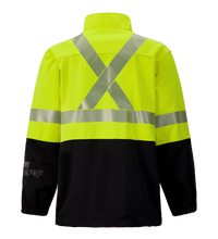 The Lac-Mac Colour Block High-Vis Yellow/Black Jacket (707JX-AH) features a bright yellow upper, black lower, and silver X-pattern on the back. Made with PYRAD® WINDSTOPPER® by GORE-TEX Labs, it offers flame resistance and enhanced visibility.