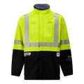 The Lac-Mac Colour Block High-Vis Yellow/Black Jacket (707JX-AH) with PYRAD® WINDSTOPPER® by GORE-TEX Labs features neon yellow/black panels, reflective stripes, stand-up collar, and long sleeves—ideal for visibility and jobsite safety.