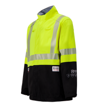 The Lac-Mac Colour Block High-Vis Yellow/Black Jacket 707JX-AH features neon yellow upper, black lower, reflective stripes, and is made with PYRAD® WINDSTOPPER® by GORE-TEX Labs; labels on sleeves and chest included.