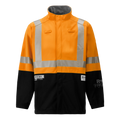The Lac-Mac Colour Block High-Vis Orange/Black Jacket (707JX-AH), made with PYRAD® WINDSTOPPER® by GORE-TEX Labs, features reflective silver stripes on the chest, shoulders, and sleeves.