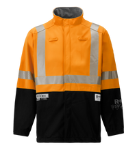 The Lac-Mac Colour Block High-Vis Orange/Black Jacket (707JX-AH), made with PYRAD® WINDSTOPPER® by GORE-TEX Labs, features reflective silver stripes on the chest, shoulders, and sleeves.