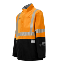 The Lac-Mac, Limited Colour Block High-Vis Orange/Black Jacket (707JX-AH) with PYRAD® WINDSTOPPER® by GORE-TEX Labs features silver reflective stripes, long sleeves, and a stand-up collar. Shown against a plain white background.